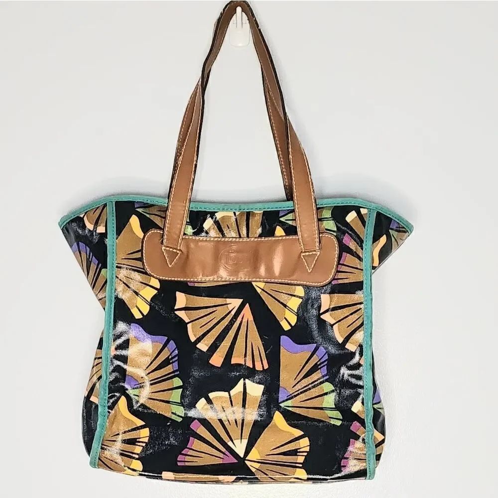 Fossil tote bag purse brown leather handles blue trim